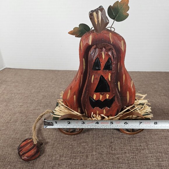 Primitive Wood Jack O Lantern On Green Hay Rack Wagon Cart. Pull-Along - Picture 10 of 10